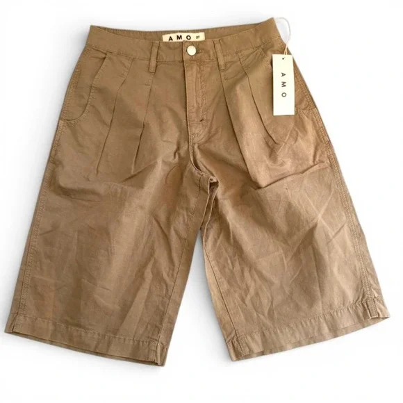 AMO Sharon Bermuda Shorts Womens 27 Tan Pleated Cotton Twill Wide Leg New - Picture 2 of 7